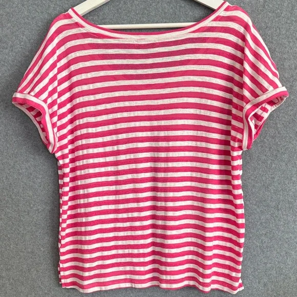 STACCATO V-Neck Short Sleeve Striped Slub Knit Top L Hot Pink - Picture 3 of 10